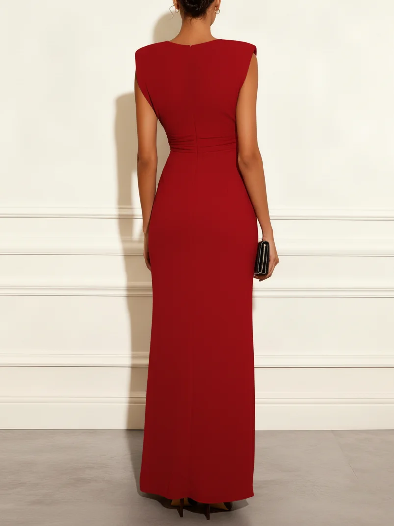 Frühling Einfarbiges Hochgeschnittenes Ausgeschnittenes Bürokleid Einfaches Sexy Tief Ausgeschnittenes V-Ausschnitt Rüschen-Schlitz Langes Kleid Damen Sommer Ärmelloses Tank-Kleid – Detail 6