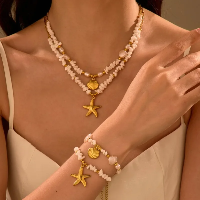 

Beach Ocean Wind Shell Necklace Starfish Shell Pendant Titanium Steel Necklace Bracelet Plated