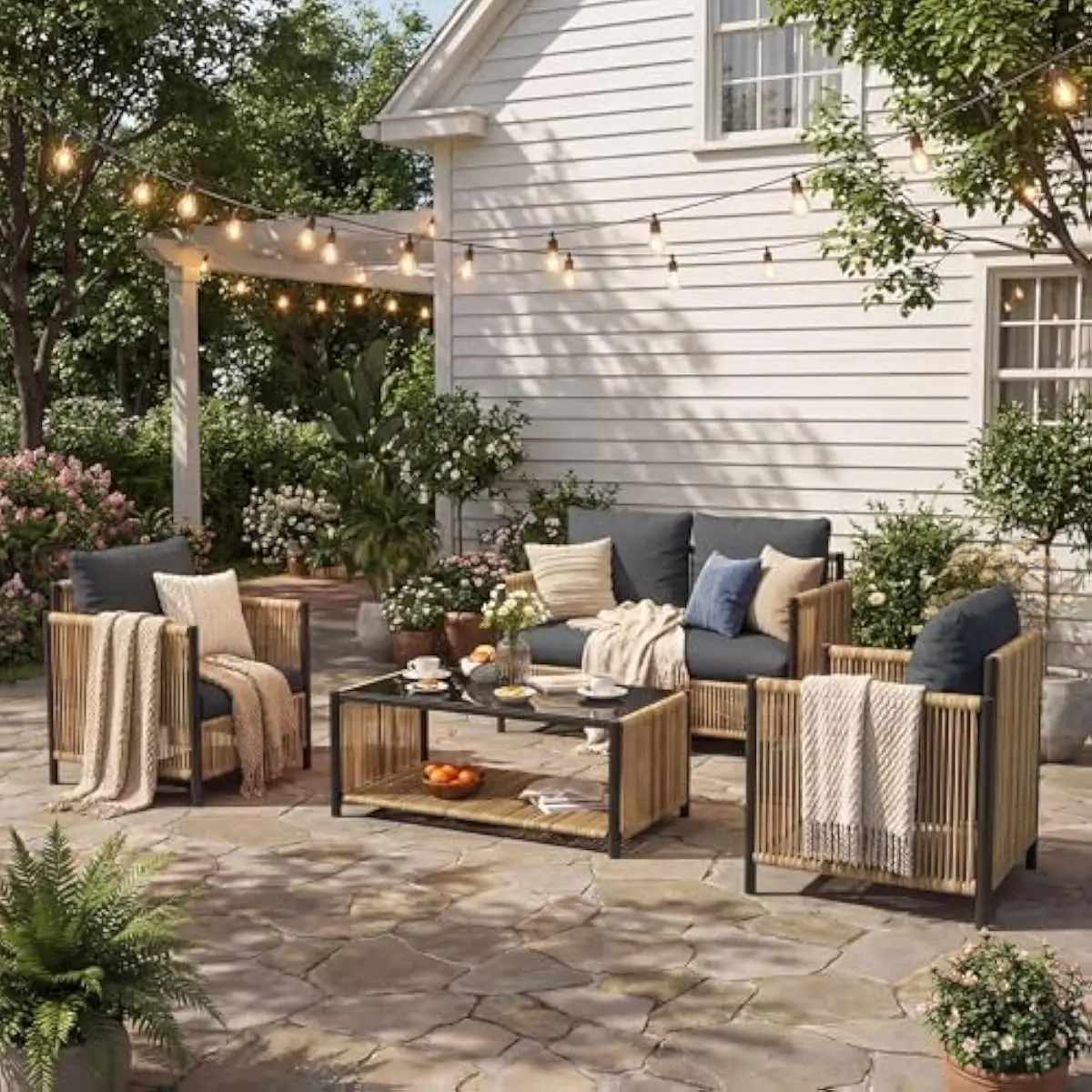 Outdoor Bohemian Wicker Set Featuring Two Armchairs One Loveseat Plus Dual-Tier Coffee Table Rustproof Iron Frame PE Weave All-W
