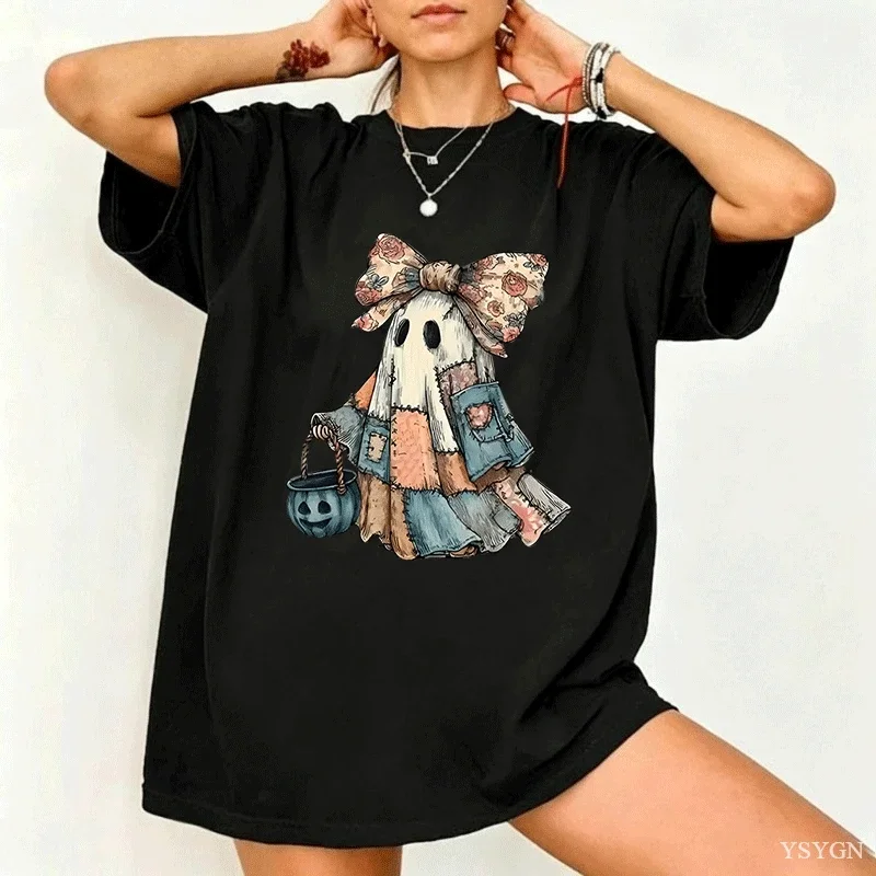 Retro Halloween Blue Denim Ghost Tshirt Trendy Patchwork Spooky Ghost T Shirt Boo Ghost Coquette Fall Pumpkin Spooky Season Tee