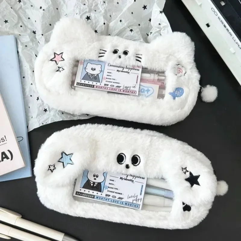 Imagem -04 - Kawaii dos Desenhos Animados Cat Plush Pouch Lápis Case Zipper Fofo Grande Capacidade Pen Bolsa Papelaria Escola Armazenamento de Cosméticos Bonito Gato