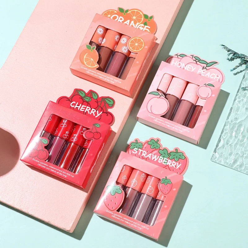 4 pz/set Mini Matte Lip Glaze Set Non sbiadisce antiaderente frutta Lip Glaze rossetti liquidi rossetto opaco Lip Gloss donna cosmetico