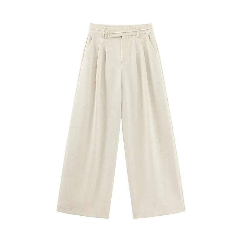 High Waist Linen Pants Women Casual Straight Leg Trousers Asymmetric Waist Slim Elegant Long Pants for Autumn Versatile Outfit