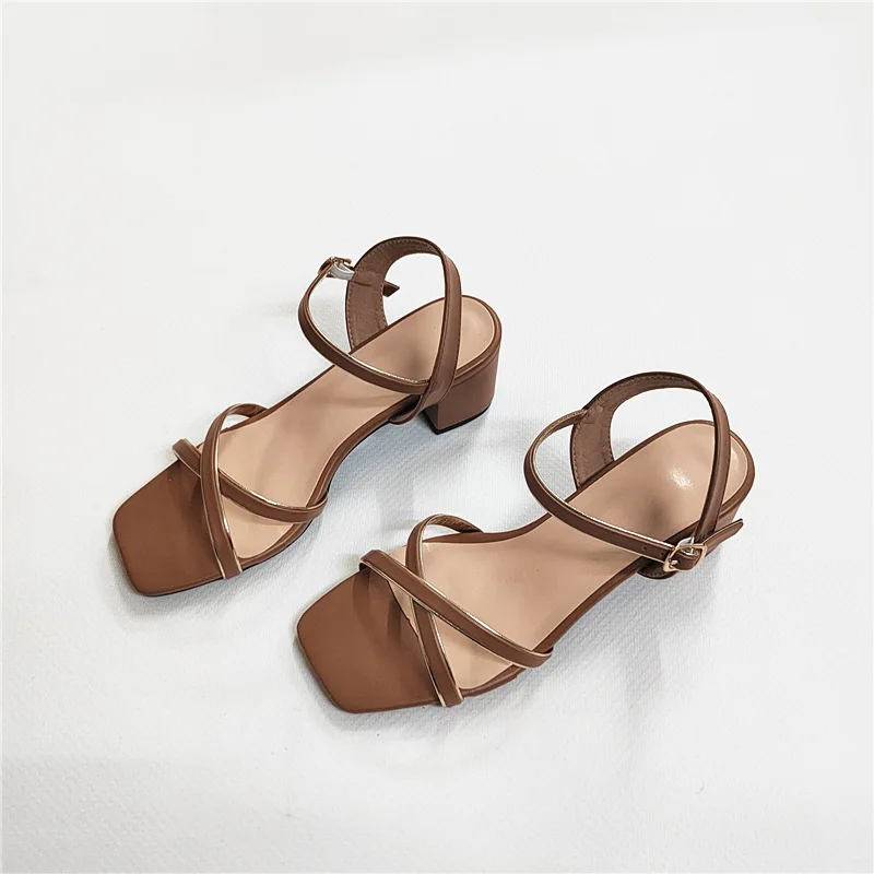 Ankle Strap Sandals Sexy 2024 Women's Strappy Heels Female Shoe Large Size Cross Square Toe Med Cross-shoes Summer Sale