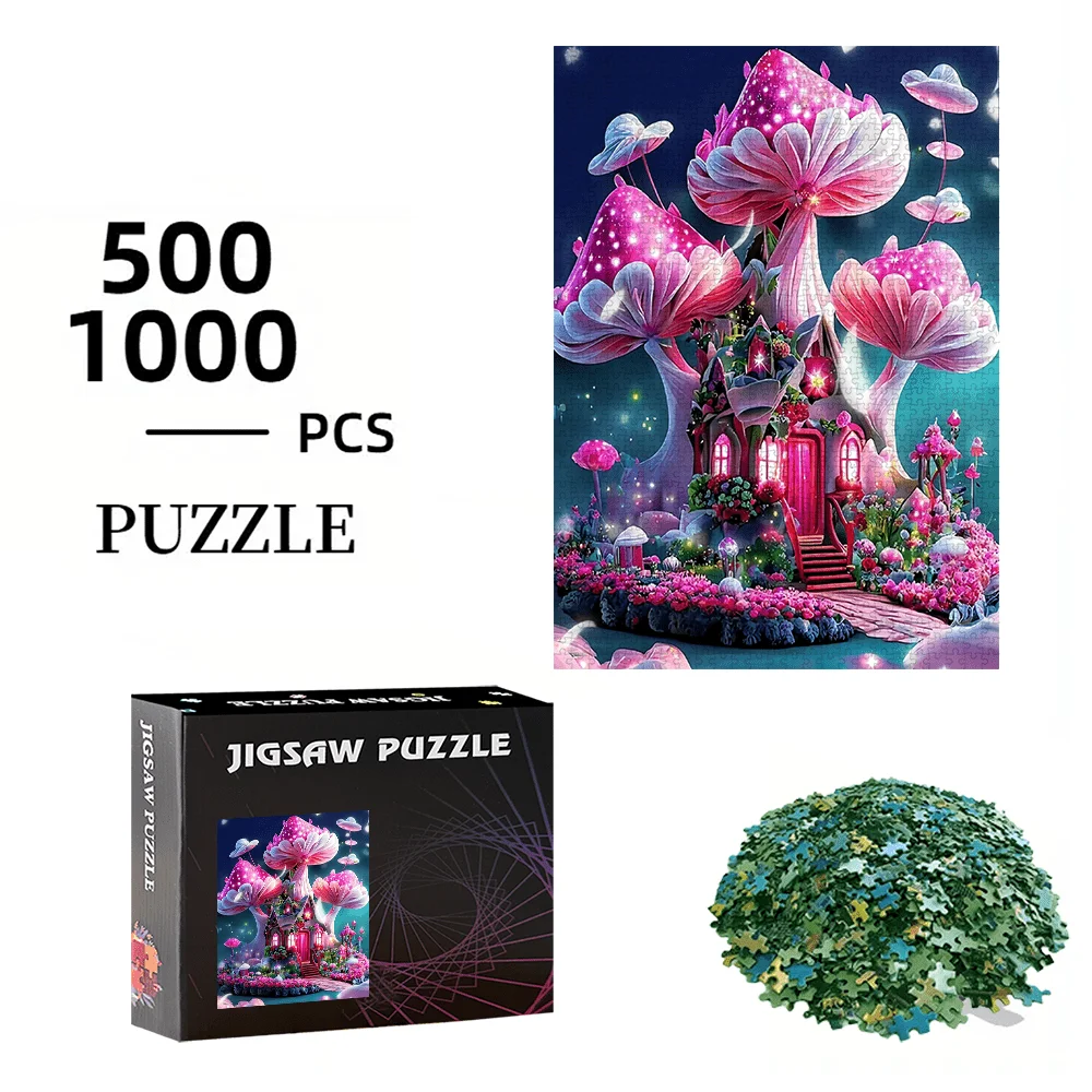 จิ๊กซอว์บ้านเห็ดมหัศจรรย์ 500/1000 ชิ้น - บ้านเรืองแสงและป่าเรืองแสงในยามค่ำคืน พร้อมเห็ดสีชมพูและสีขาว