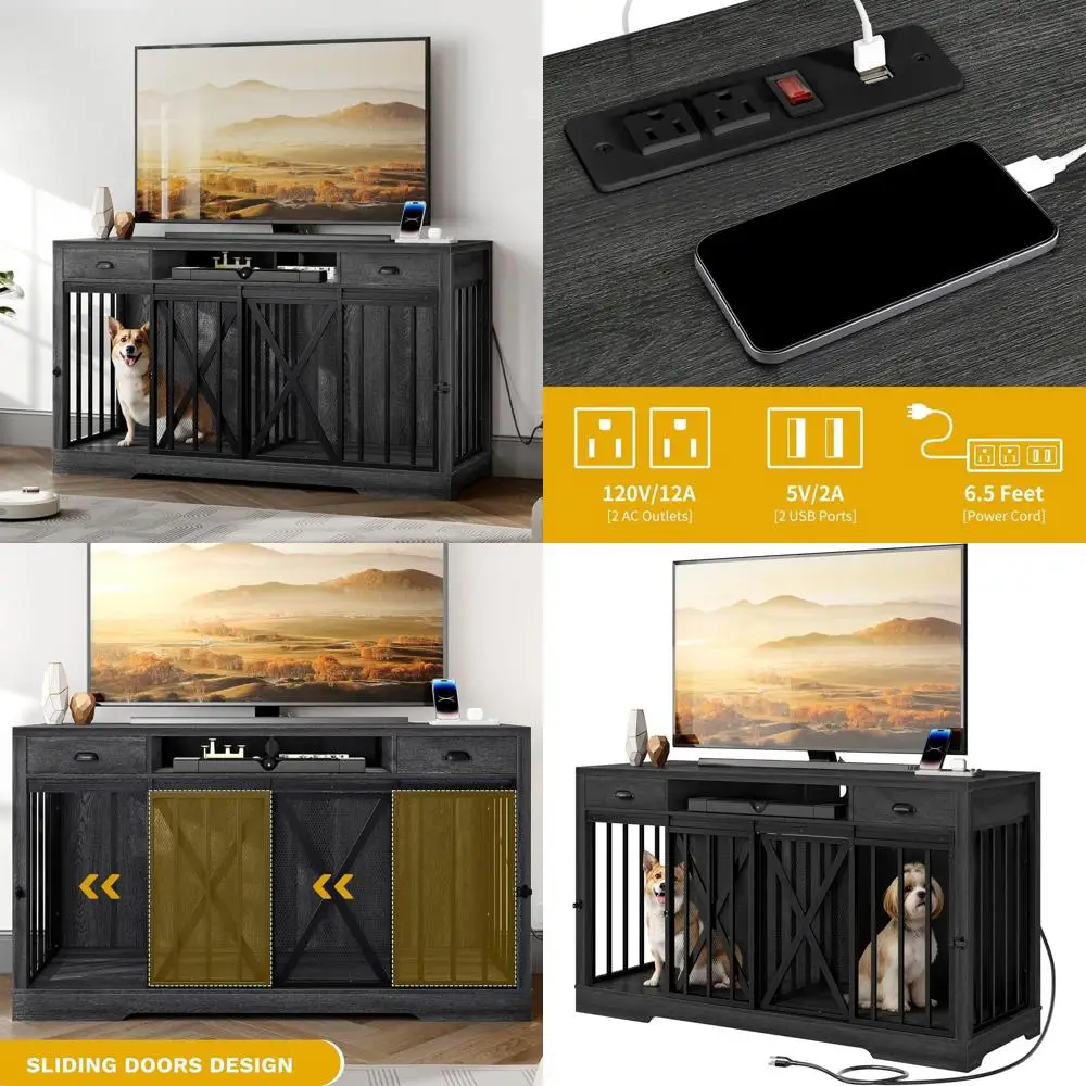 

Деревянная тумба под телевизор с розеткой и ящиками для хранения, для гостиной, в деревенском стиле, для телевизоров 60-70 дюймов, серая