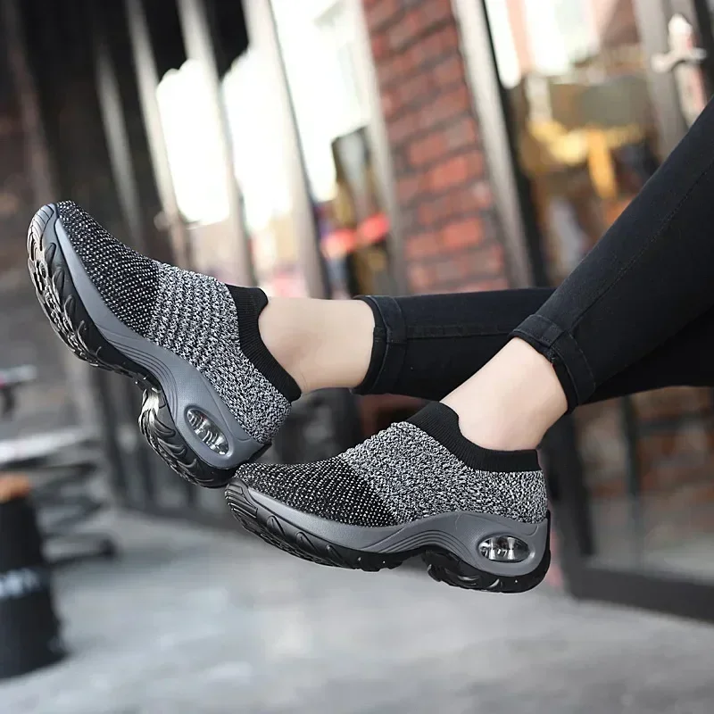 Mesh Women Walking Shoes Running Air Tennis Shoes Trendy Platform Slip-On Sneaker Air Cushion Gym Modern Dance Shoes Men Plus 43