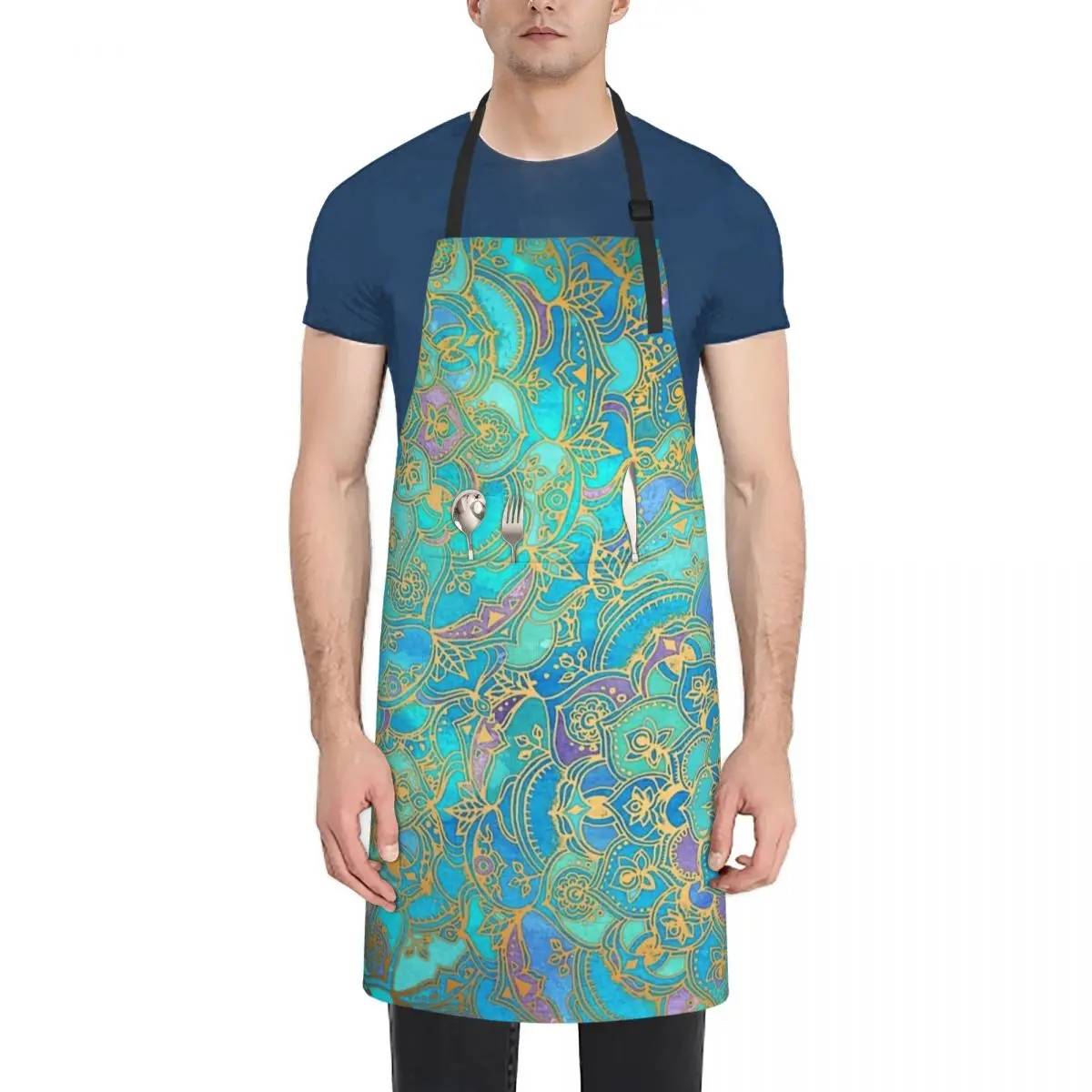 

Sapphire & Jade Stained Glass Mandalas Waterproof Kitchen Apron For Women/Men With Pockets Work Restaurant Shop Waiter Work Unif