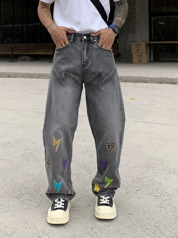 

Свободные прямые джинсы с высокой талией в стиле ретро в американском стиле High Street с леопардовым принтом, мужские джинсовые брюки с молнией на талии