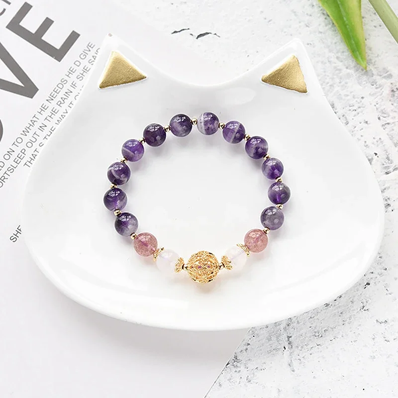 

AngLang Gold Hollowed-out Bead Natrual Amethyst Strawberry Crystal White Moonstone Bracelet for Women Female Fine Jewelry YBR235