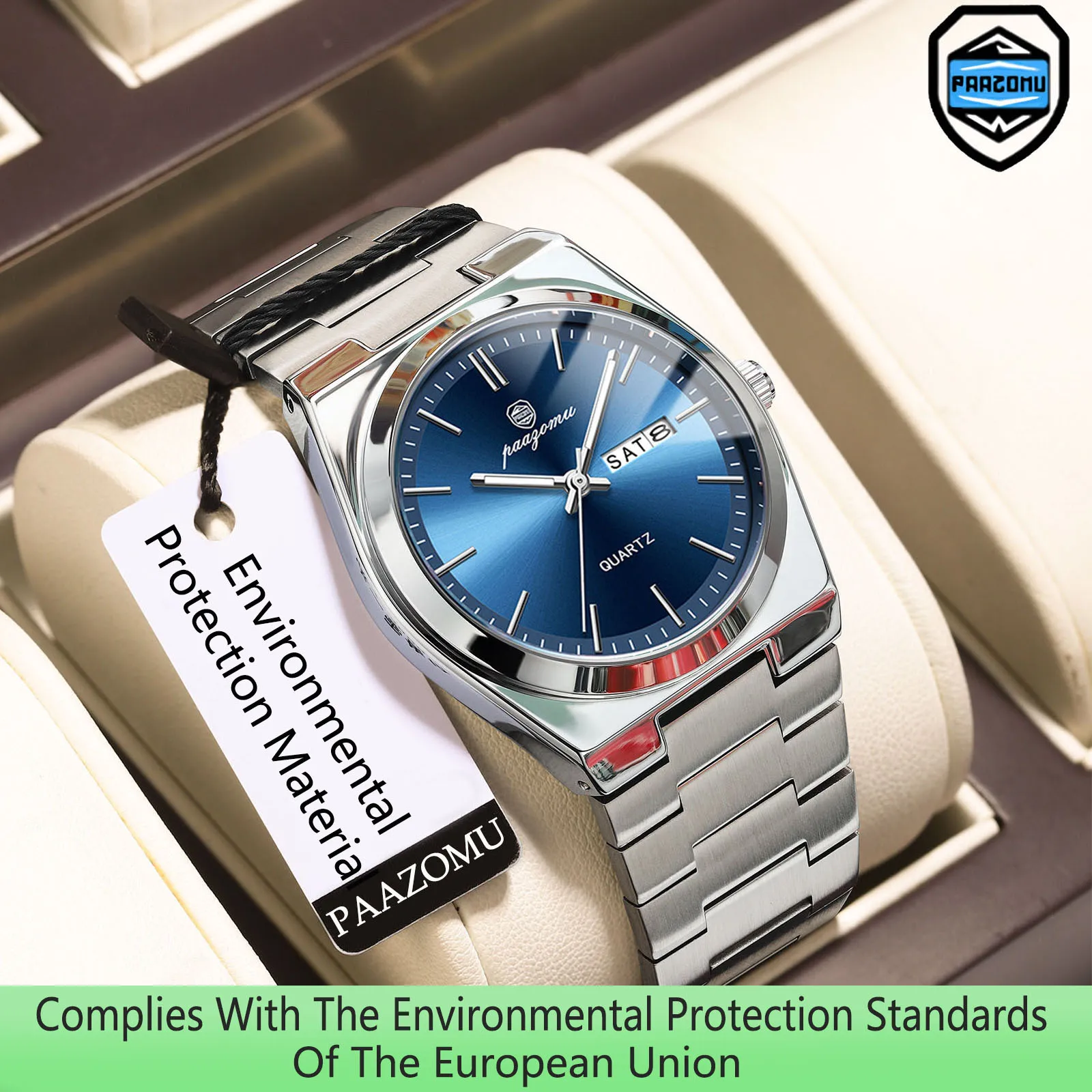 PAAZOMU Casual Men Stainless Steel Quartz Watch Week Date Waterproof Mens Watch Top Brand Luxury Men Watch Ideal Choice For Gift