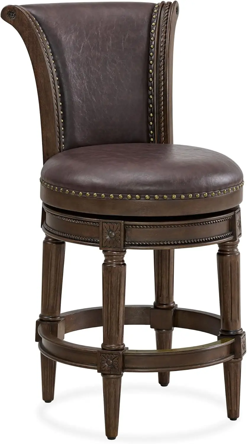 

Runyan 26' Swivel Counter Stool, Rotating High Back Barstool in Dark Walnut Finish with Vintage Brown Vegan Leather Seat