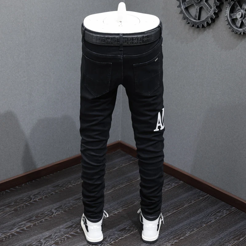 High street fashion new black men's jeans stretch slim fit retro washed embroidered jeans designer hip-hop brand pants hombre