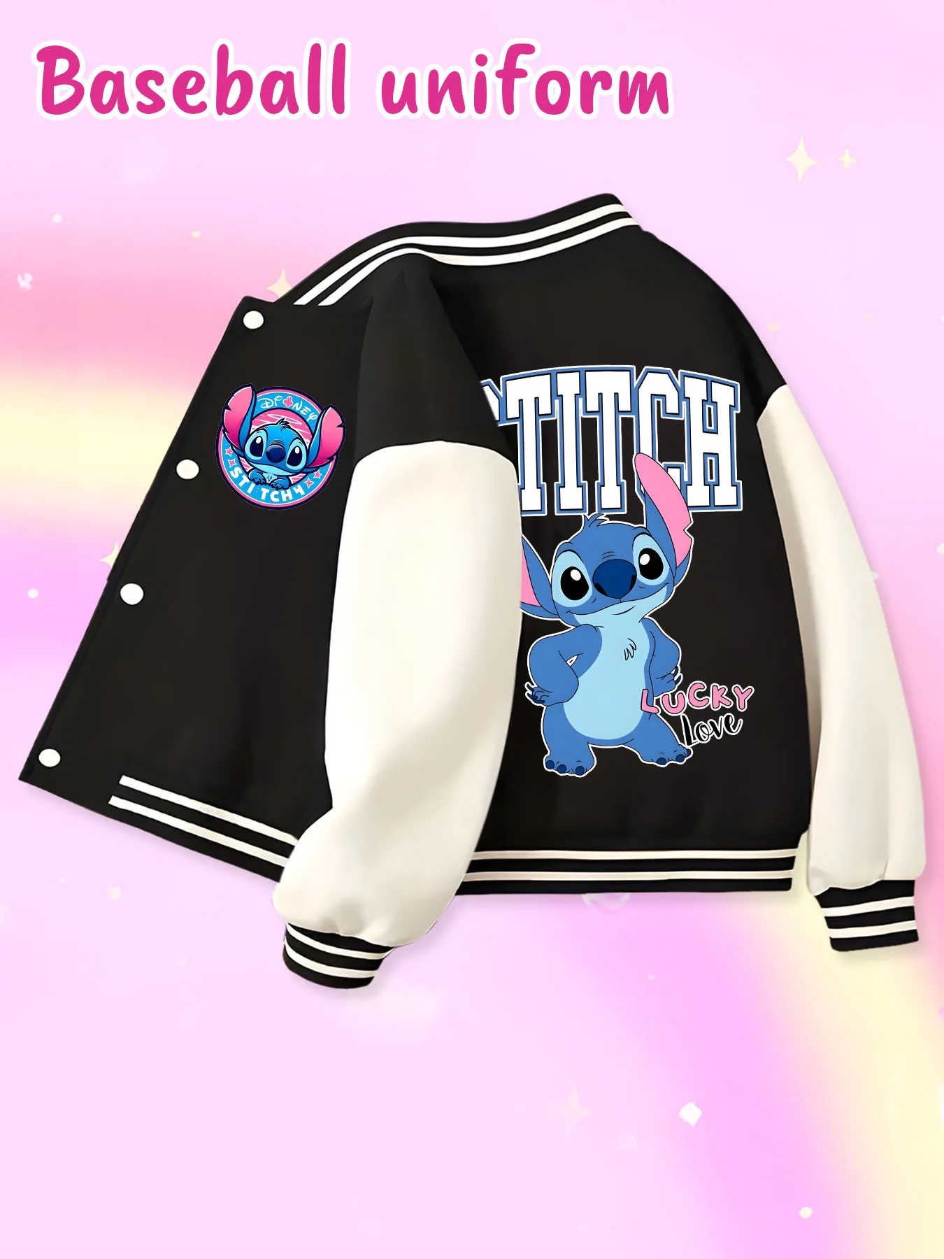 Disney fashion trend baseball jacket, suitable for daily sports and casual wear, printed with cute Stitch pattern, nice gift.