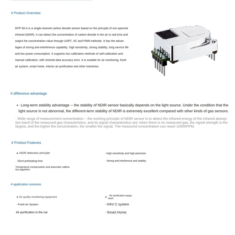 MTP60-A High Accuracy NDIR Single Channel CO2 Sensor Module Detects Air Quality Sensor