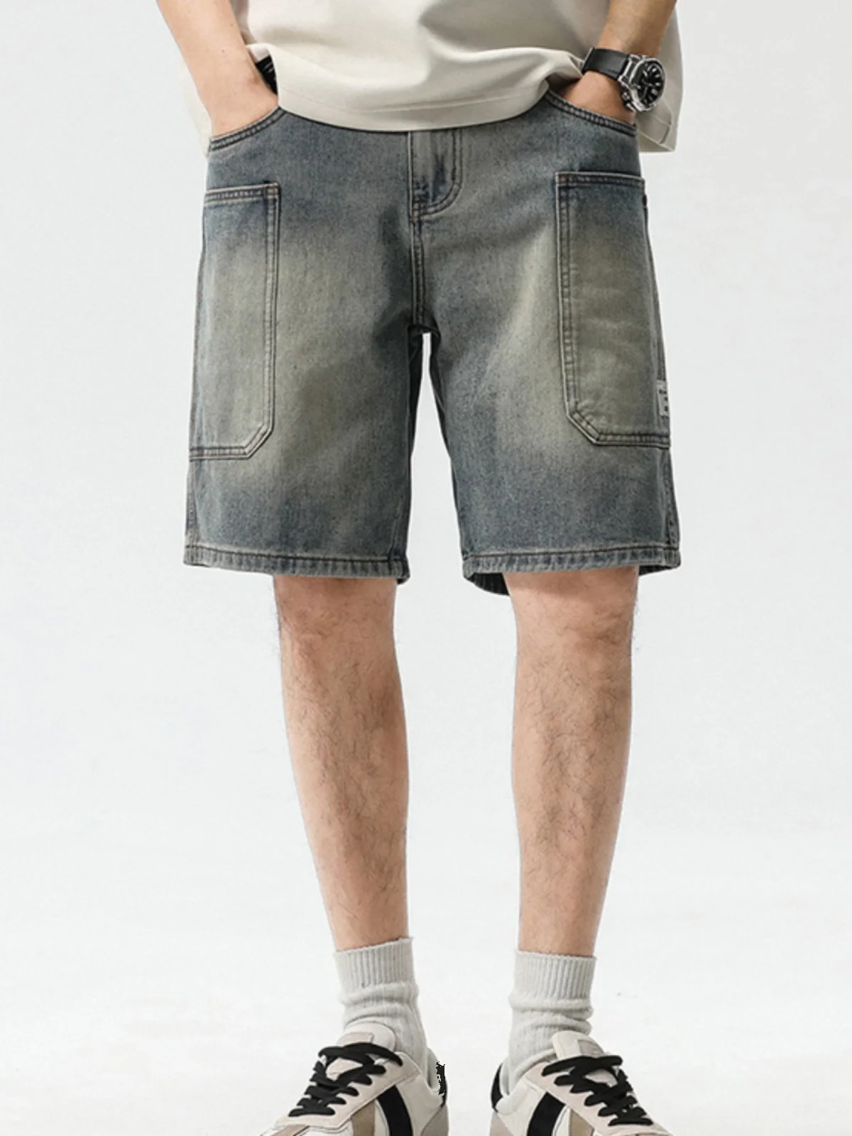 

American High Street Vintage Large ket Jeans orts Men's Trendy Loose Straight Five-Point Casual Faion Mid-ket orts