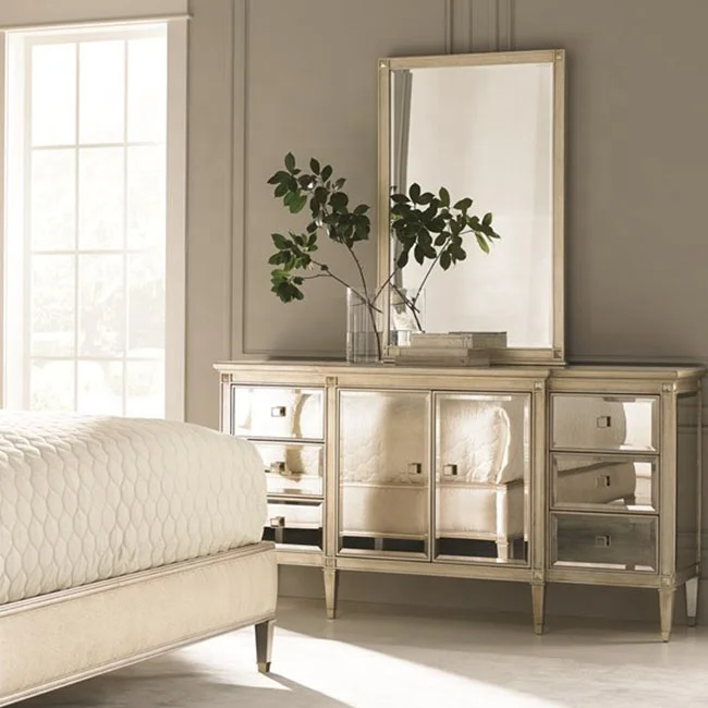 High-end Modern Solid Wood Mirrored Dressers 6 Drawers 2 Doors Bedroom Furniture