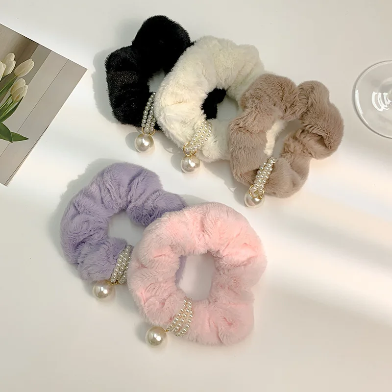 

Winter Plush Hair Tie Fabric Pearl Large Intestine Hair Ring Women High Elasticity Do Not Hurt Hair Rope Fashion Hair Accessory