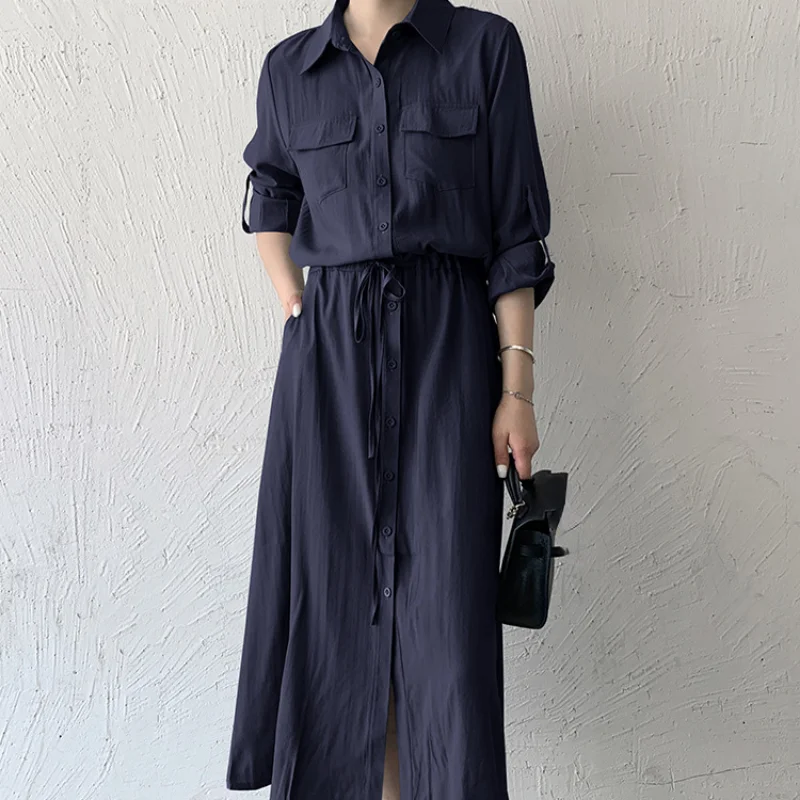 Matakawa Shirt Dresses for Women Solid Long Sleeve Japan Style Elegant Vestidos A-line Simple Fashion Casual Long Dress Vintage