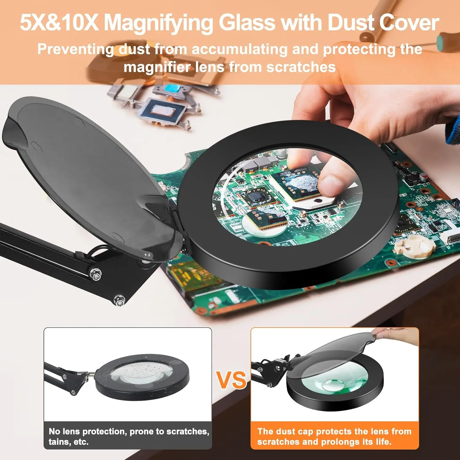 Magnifying Glass with Light and Stand, 5X&10X Lighted Magnifying Glass with Dust Cover,  Colors Stepless Dimming Magnifying