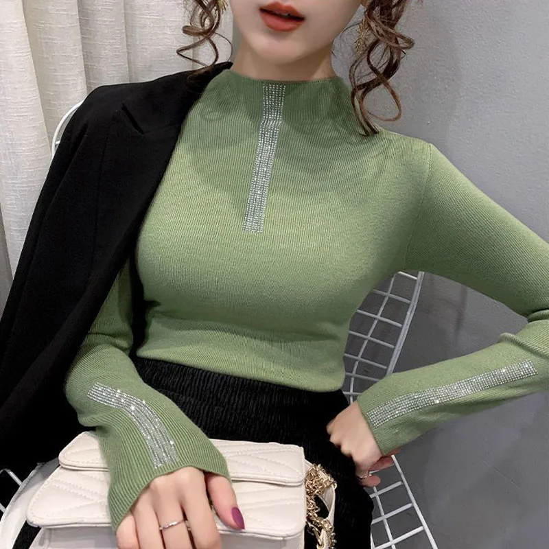Women Clothing Fashion Elegant Half Turtleneck Pullover Autumn Winter Solid Slim Long Sleeve Sweater Lady Casual Dignified Top