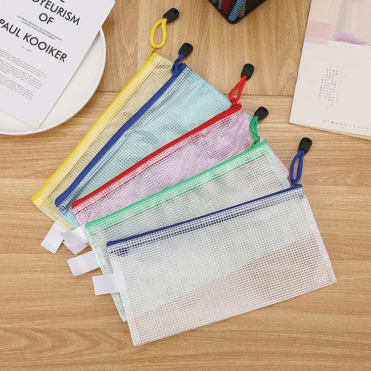 Saco de arquivo zíper transparente, papelaria estudante criativo, armazenamento de caneta impermeável, Office Data Ticket, grade A4, 20pcs