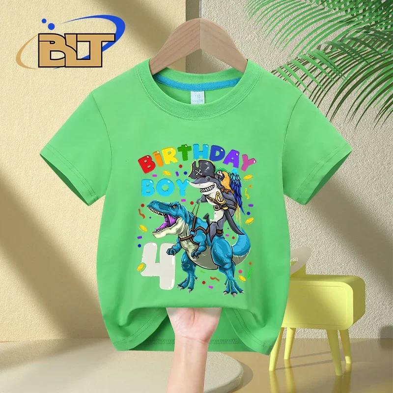 Verão t-shirt com impressão de dinossauro para menino e menina, feita de algodão, manga curta, tubarão, presente de aniversário