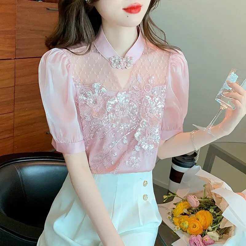 Women Satin Vintage Fashion Sequin Embroidery Elegant Blouse Spring Summer Sexy Sheer Mesh Patchwork Shirt Solid Chic Sweet Tops