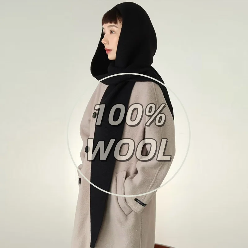 100% Wool Balaclava Hooded Scarf Oversized Sophie Scarf with Ear Protection Windproof Warm Winter Hat Women Fashion Beanies