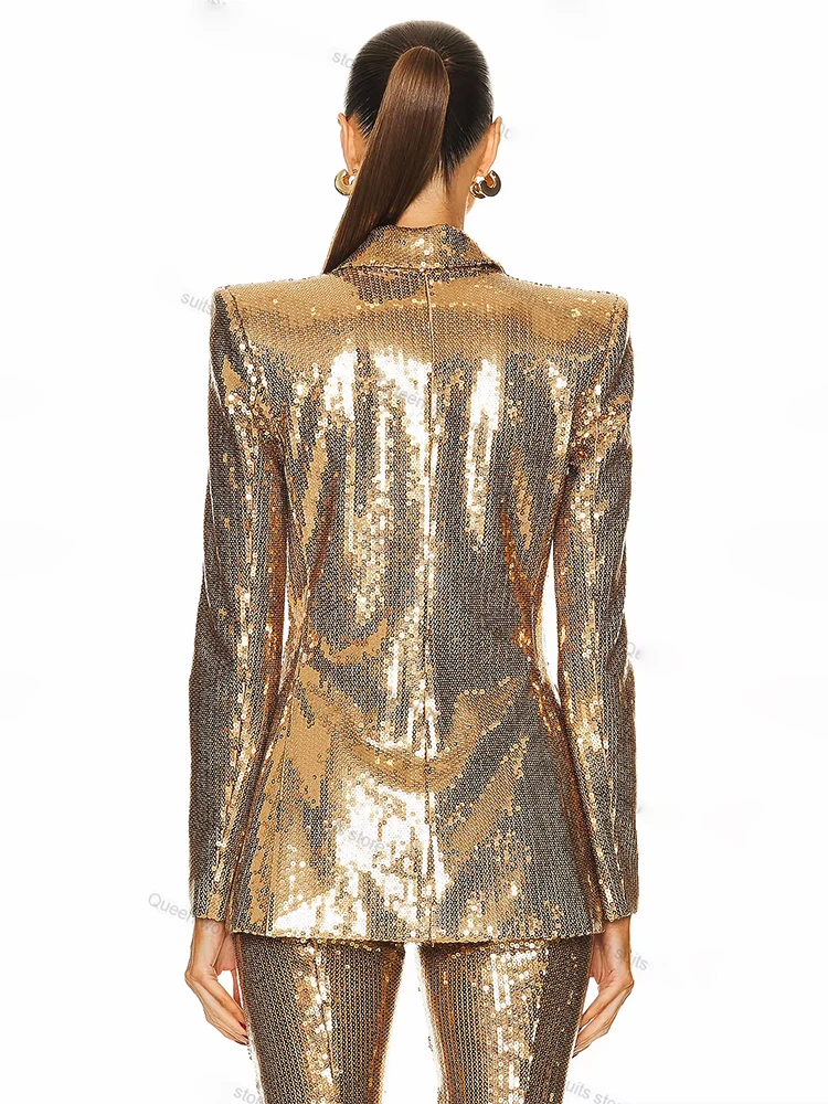 HIGH STREET Newest Fashion 2026 Designer Runway Suit Set Women's Single Button Sequined Blazer Jacket Flare Pants Set 2pcs