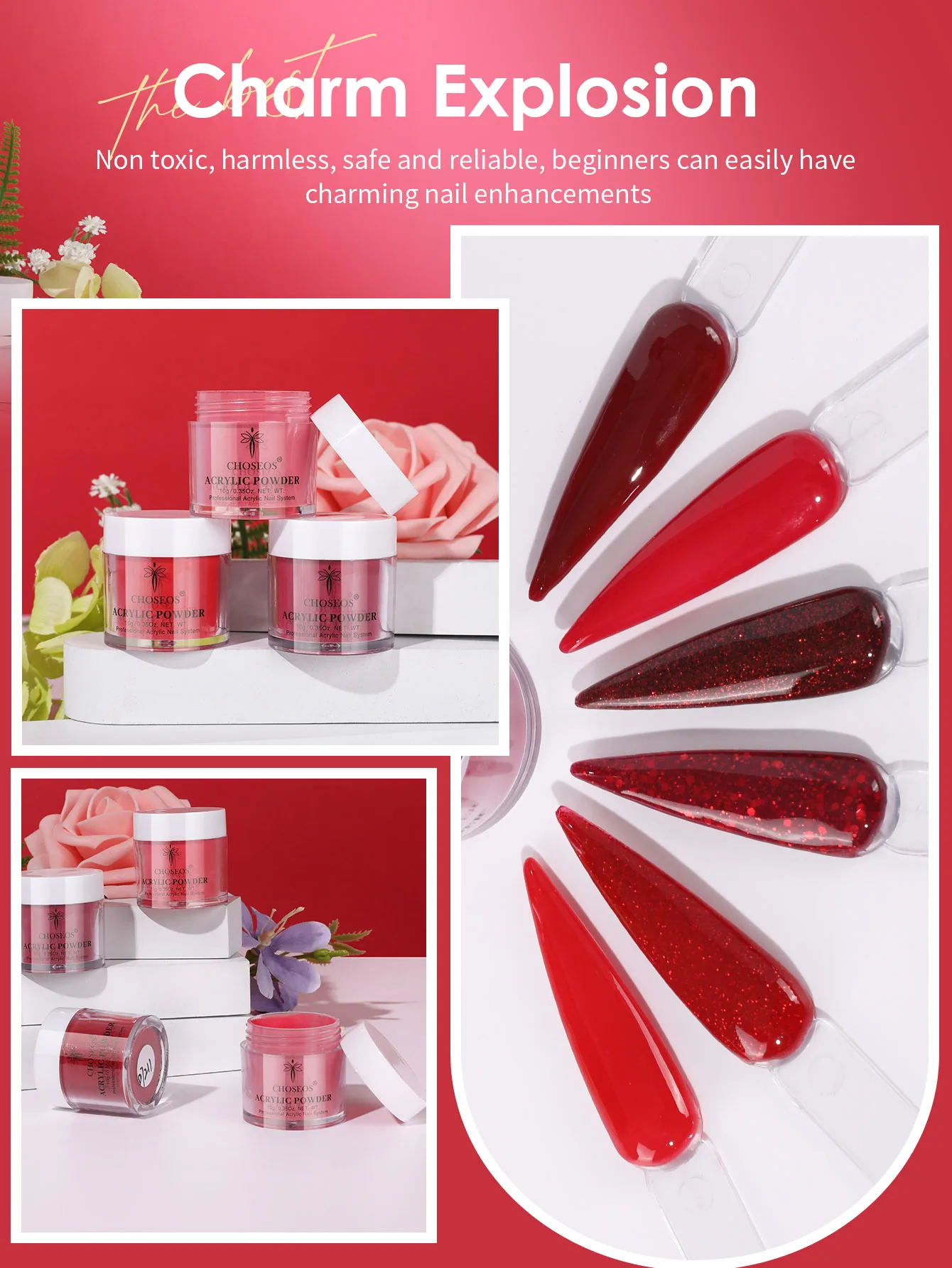 Conjunto de pó de unha de cristal vermelho de 6 cores, conjunto inicial de pó de unha de cristal, salão de manicure francês DIY, sem necessidade de lâmpada de unha