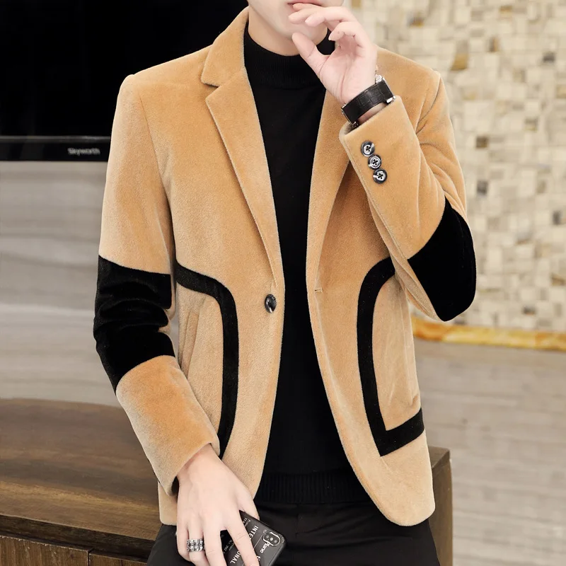 HOO 2024 men's autumn, new, color-matching woolen blazer, slim-fitting short velvet, woolen thick  n blazer