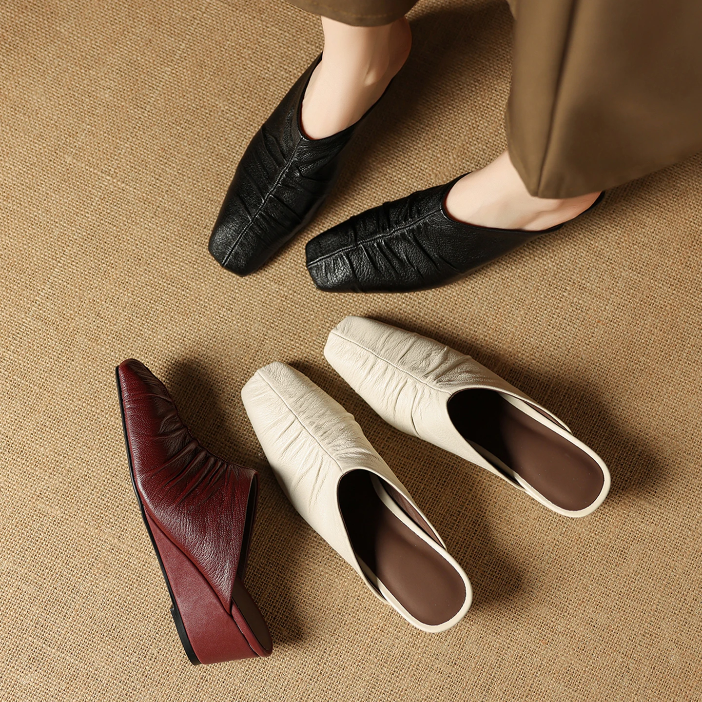 2026 new summer women sandals natural leather 22-25cm pleated sheepskin+pigskin square toe mules women shoes fashion slippers