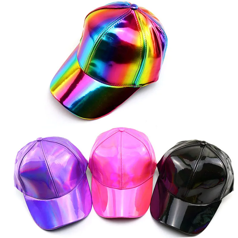 Women Men Faux Leather Baseball Cap Glitter Metallic Holographic Rainbow Reflective Hip Hop Adjustable Strapback Peaked Hat