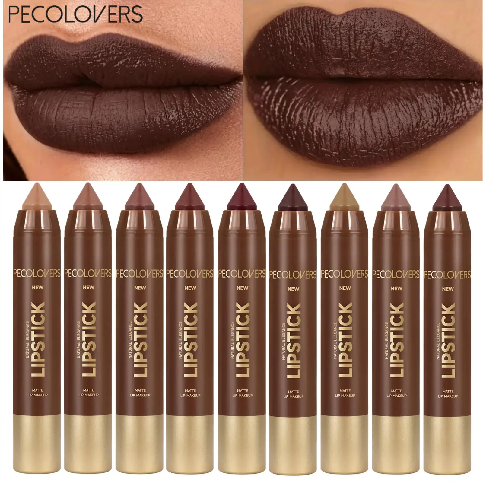 9PCS Dark Brown Series Matte Lipstick Stick Set, Velvety Rich Pigment Multi Shade Lip Crayon, Transfer-Proof Gothic Lip Makeup