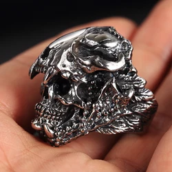 Vintage Indian Jaguar Warrior Skull Ring for Men Cool Stainless Steel Biker Rings Male Heavy Metal Punk Gothic Jewelry Wholesale