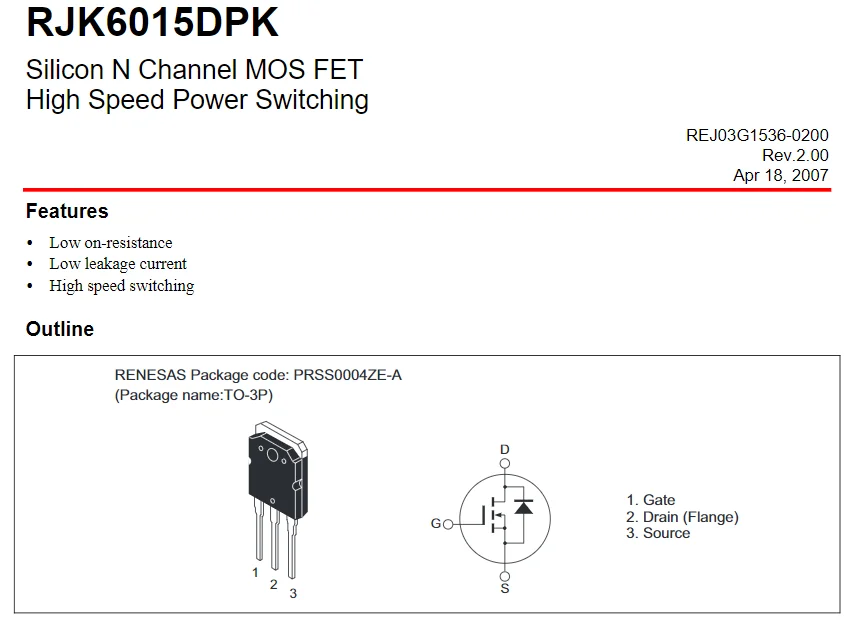 RJK6015DPK TO-3P RJK6015 Conmutación de potencia de alta velocidad MOS FET de canal N de silicio