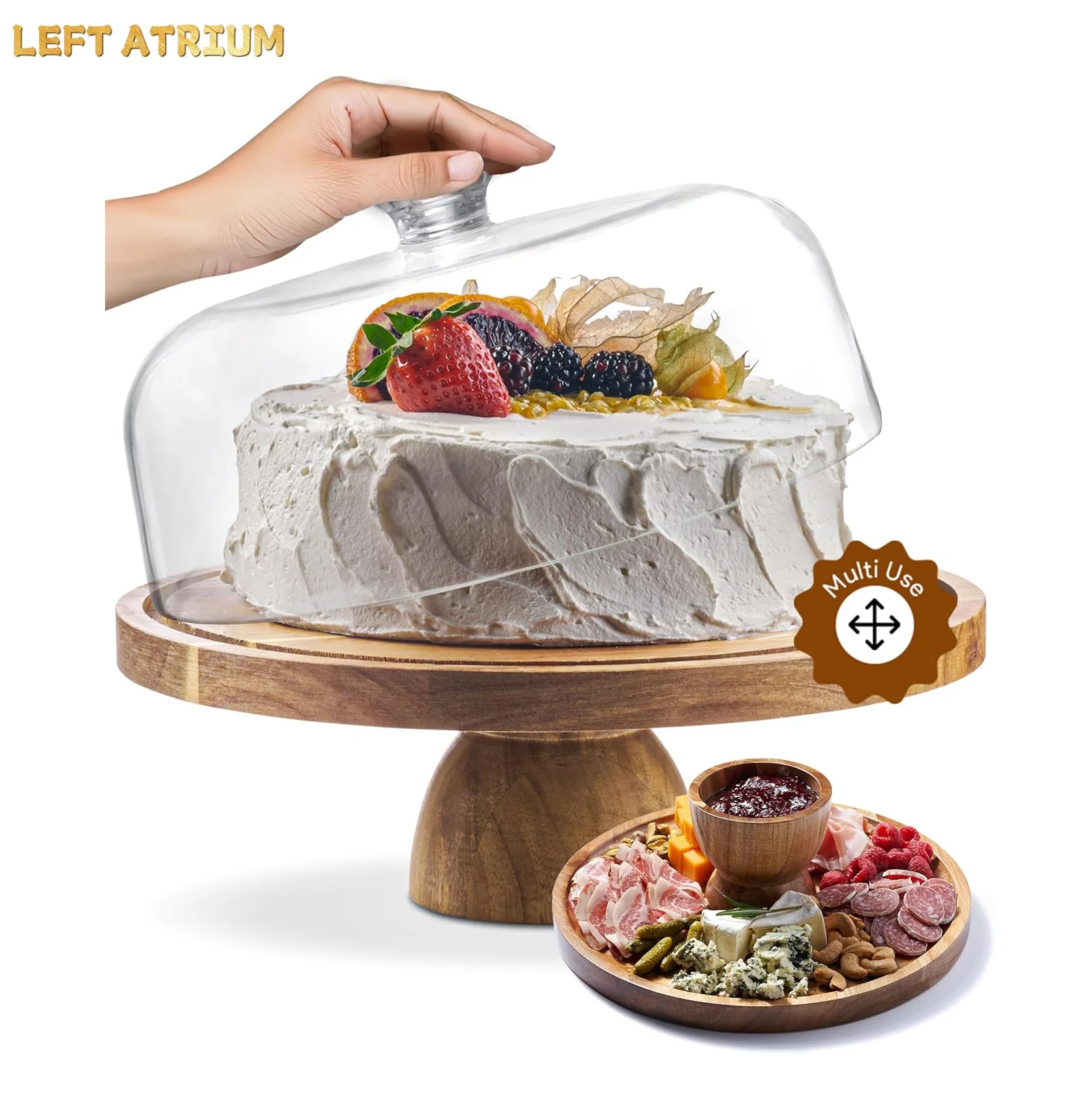 Acacia Wood Cake Stand with Acrylic Dome - 12