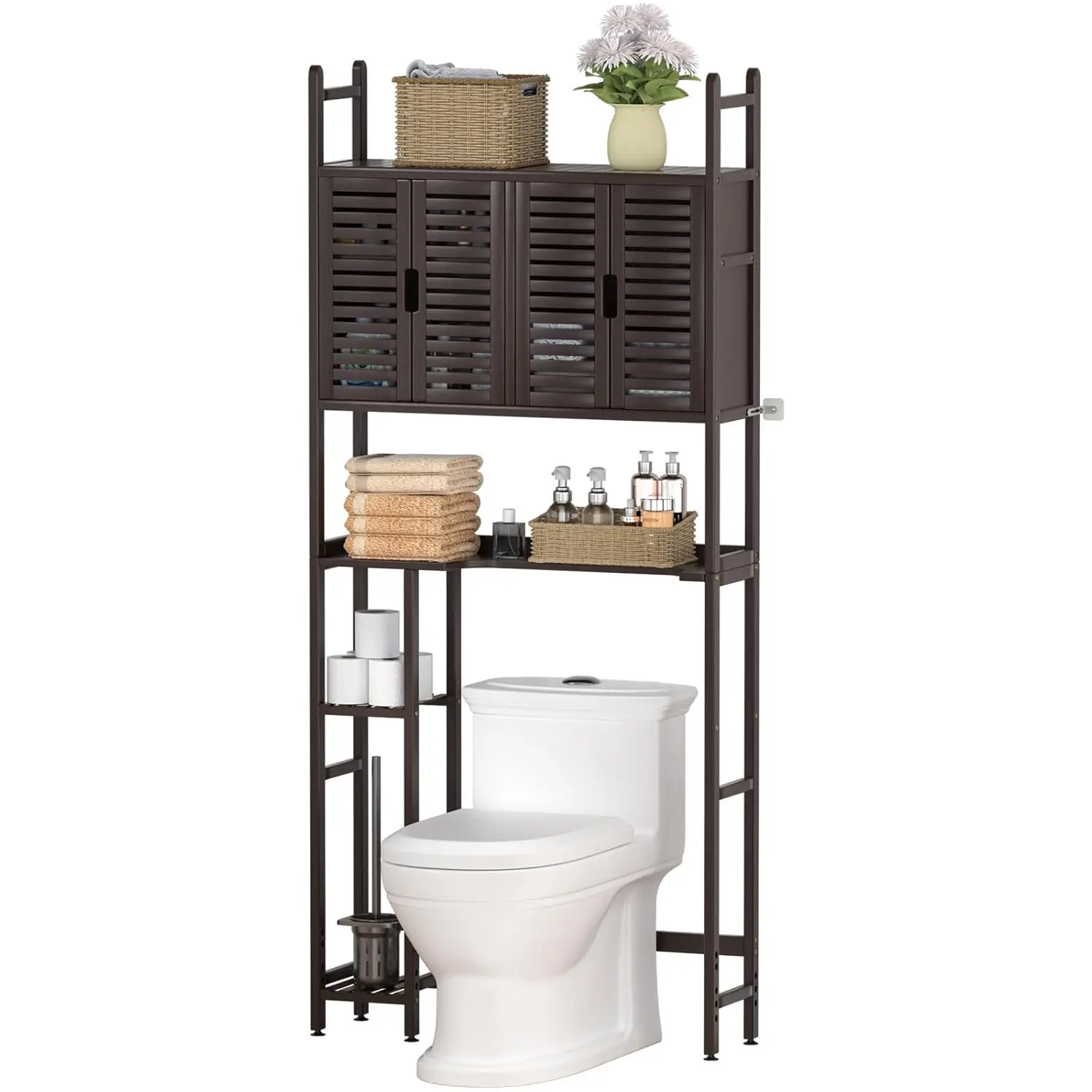 

Bamboo Over Toilet Storage Cabinet Paper Holder 4 Doors Waterproof Feet Anti-Tip Space Saver Brown, Customized