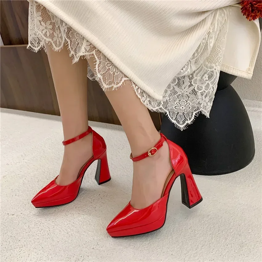 Women Platform Pumps Summer High Chunky Heel Sandals Party Office Red Black White Patent Leather Ankle Strap Pointed Toe D\'Orsay