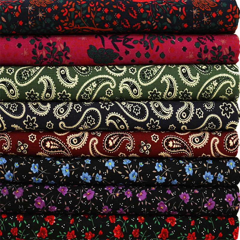 Printed Corduroy Fabric By The Meter for Dresses Clothes Pants Diy Sewing Flower Cotton Cloth Cashew Red Breathable Small Floral