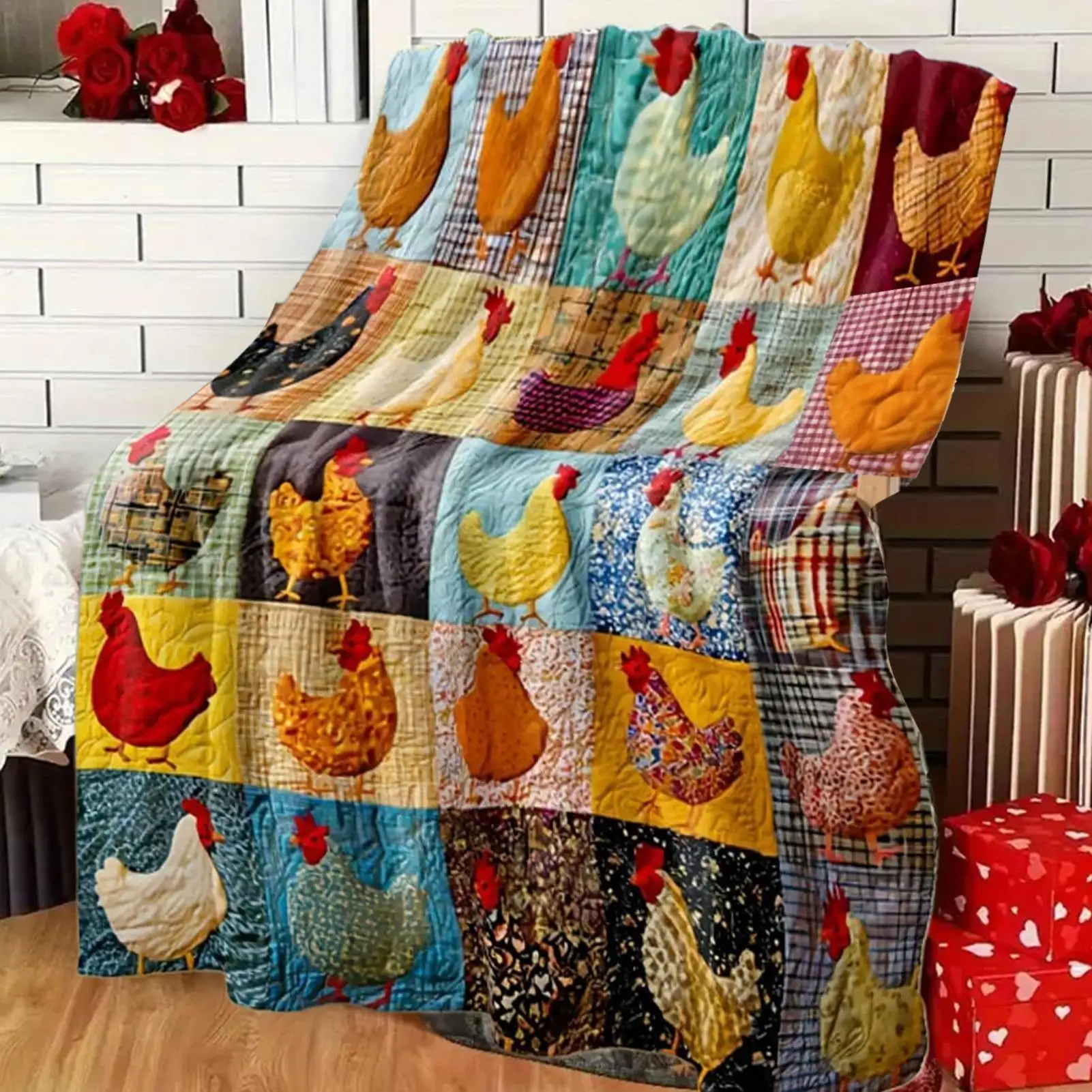 Chicken Print Blanket Soft Foldable Breathable Quilt Throw Cute Animal Pattern Bed Sofa Blanket for Home Bedroom Christmas Gifts
