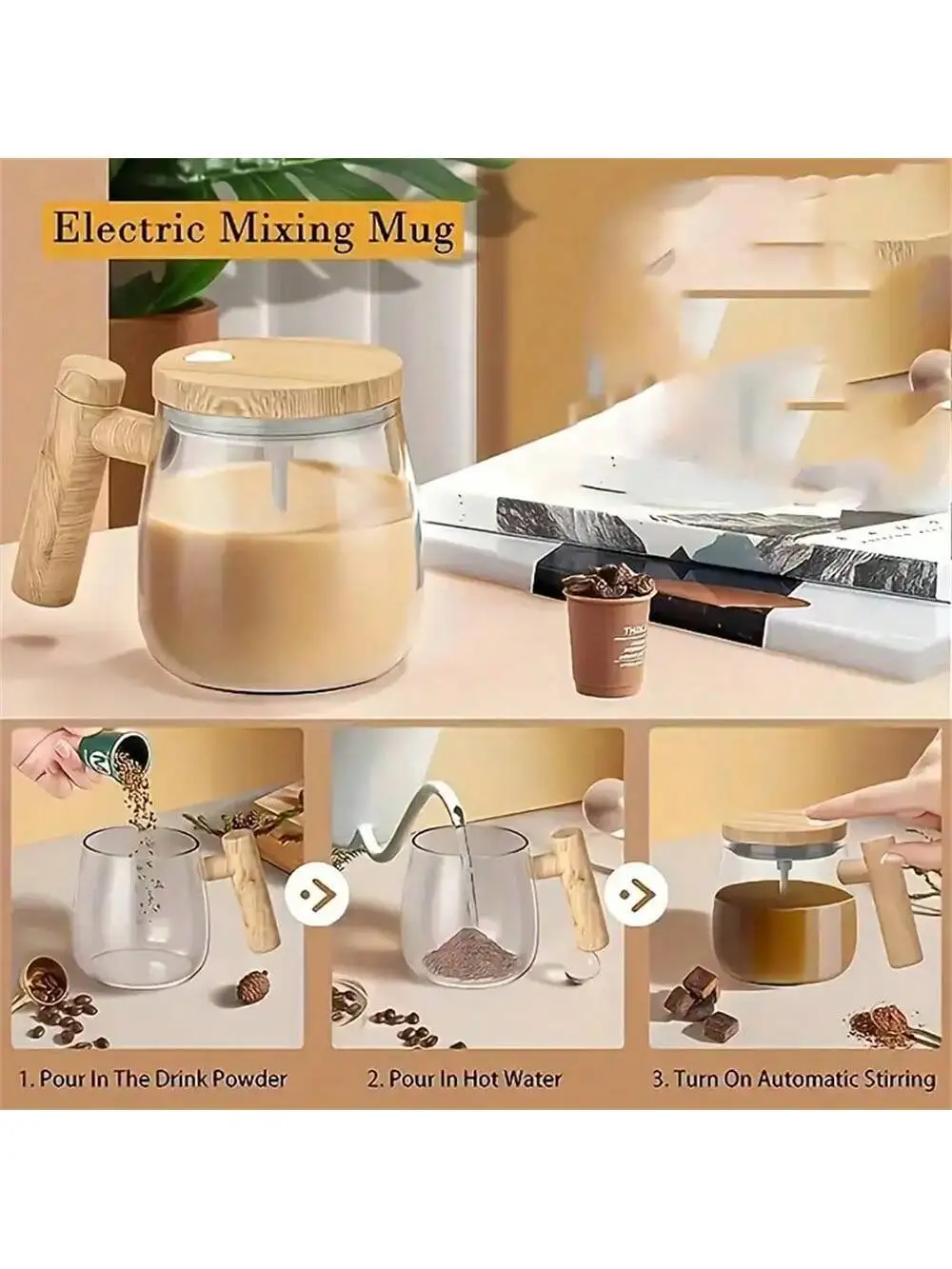 1pc 400ml 자체 교반 머그잔-커피, 우유 및 단백질 파우더 용 고 붕규산 유리 혼합 컵-회전 및 휴대용 F