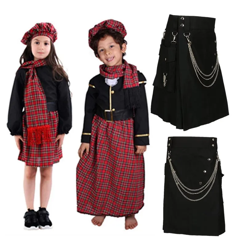 Adult/Kids Scottish Festival Cosplay Costume Men Chain Pleated Skirt Gils Boys Shirt Hat Outfits Halloween Carnival Party Suit