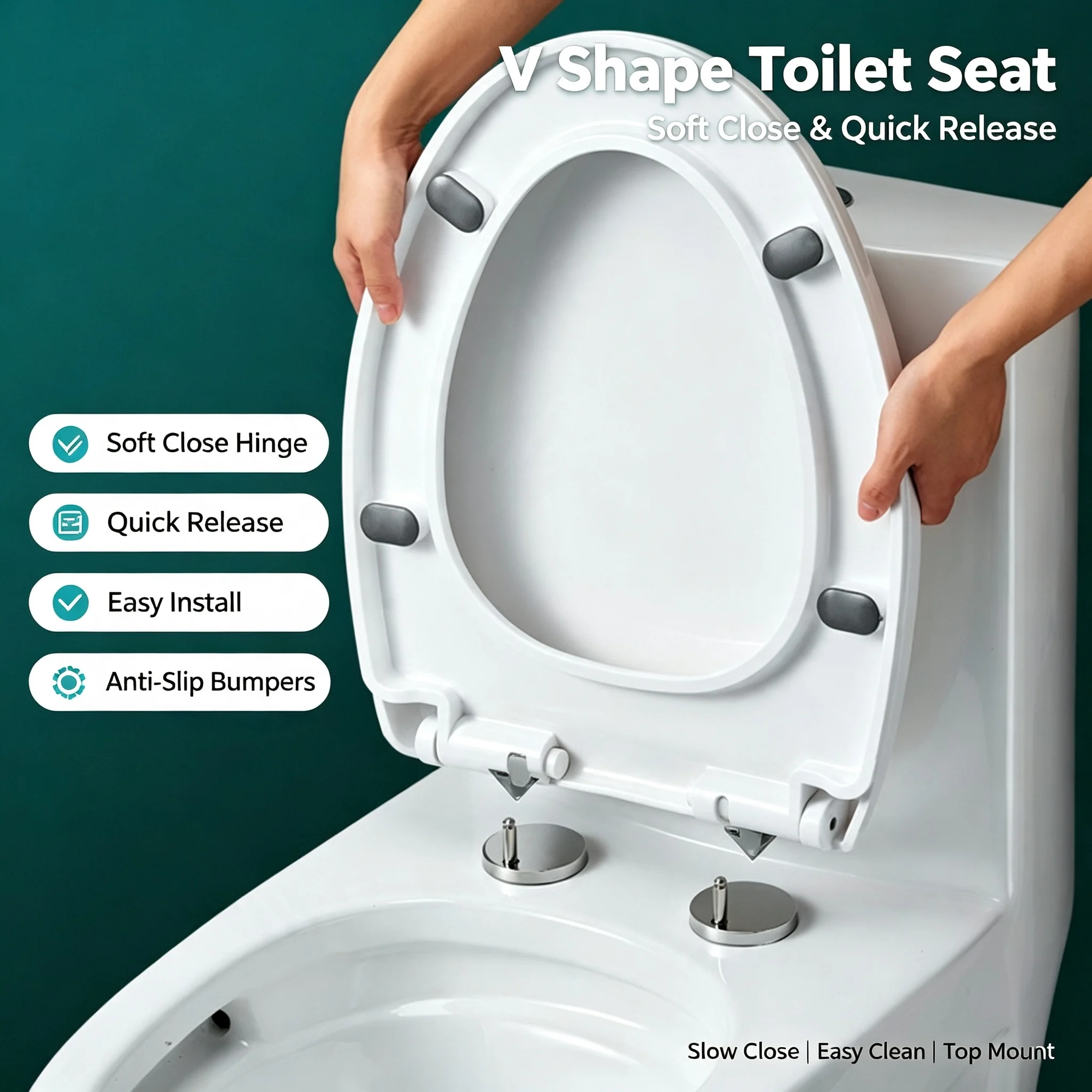 V/U Shape Toilet Seat Cover Soft Close Quick Release PP Material Top Mount Easy Install Anti-Slip Quiet Toilet Lid for Bathroom
