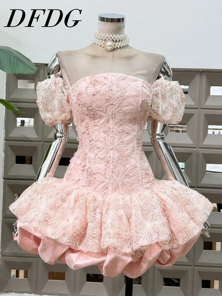 

DFDG 2025 Women’s Designer Corset Ball Gown Elegant Lace Peplum Strapless Dress Floral Appliques Puffy Party Spring Summer Dress