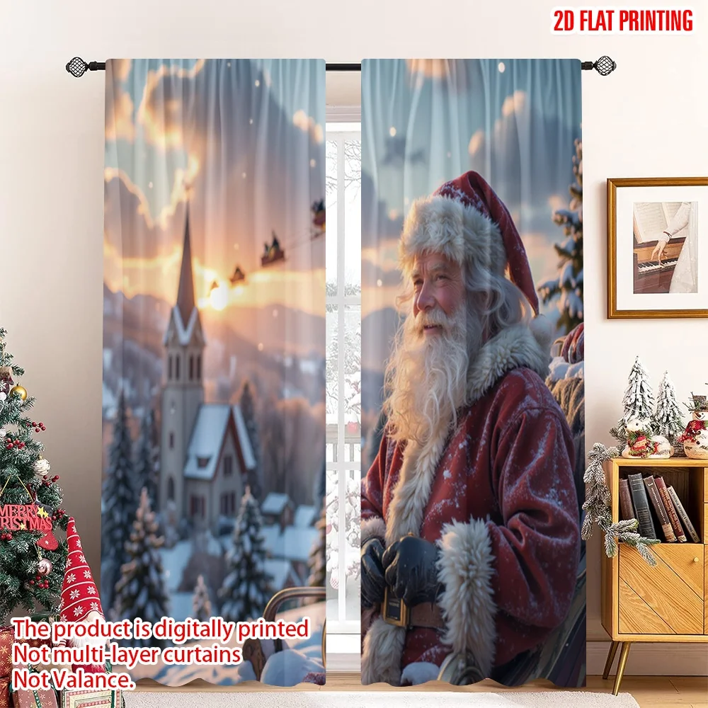

2pcs 2D flat printing Merry Christmas Popular Party Window Curtains Santa Sleigh Christmas Village Polyester Without Electricity