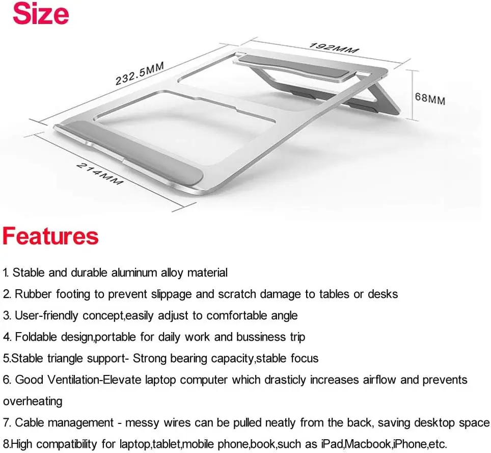 Laptop Tablet Stand Universal Adjustable Aluminium Alloy Foldable Stand Desktop Holder For Macbook 10\'\'-15.6\'\' Laptop Notbebook