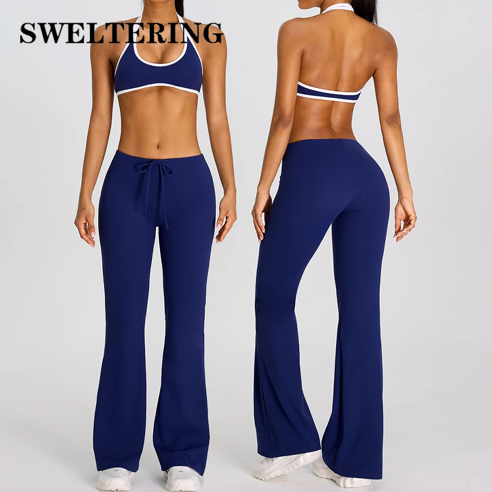 Contrast Color 2PCS Yoga Set Women's Workout Outfits Gym Tracksuit High Waist Flared Pants Sports Bra Suits Female Yoga Clothes