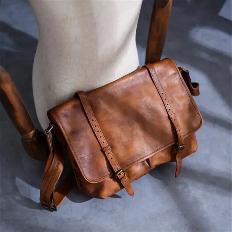 Vintage designer handmade genuine leather men\'s large-capacity messenger bag business travel luxury real cowhide shoulder bag